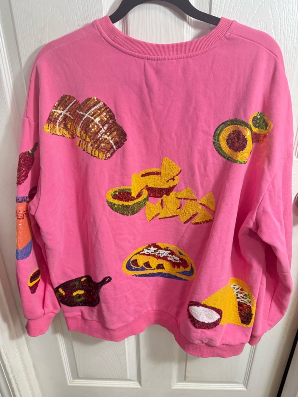 QUEEN OF SPARKLES Pink Sequin Mexican Food Motif Sweatshirt - Picture 6 of 6